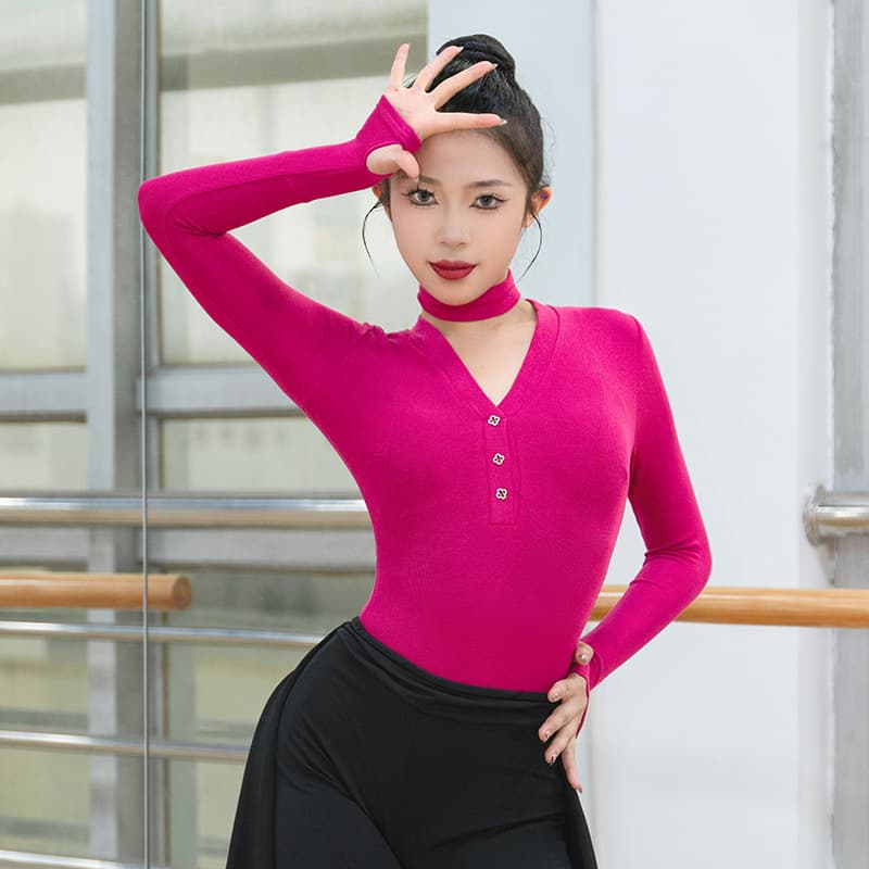 Latin dance knit top, autumn new adult long-sleeve high-end dancewear, ballroom dance practice outfit, slim-fit.