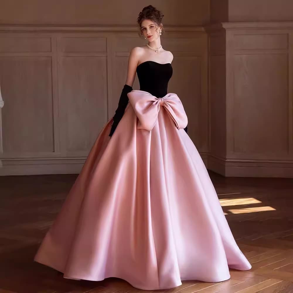 High-End Evening Gown Pink Black Bow Princess Dress for Engagement Banquet Elegant Student Adult Ceremony Art Exam Dress
