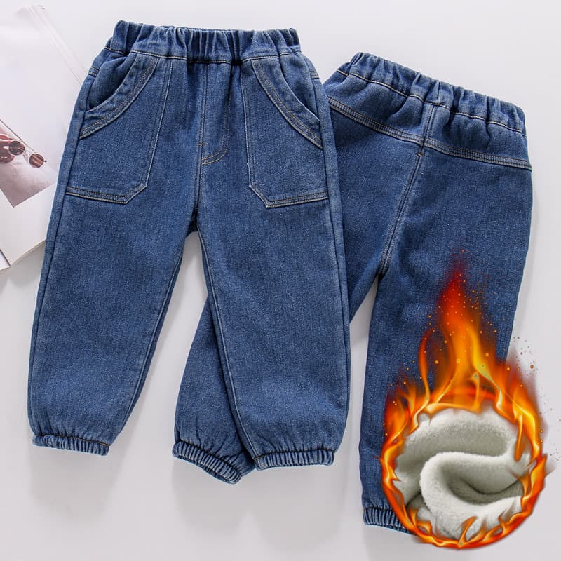 Children's Fleece Lined Denim Jeans Winter Warm Trousers with Big Pockets Boys Casual Cotton Long Pants Autumn Spring Kids