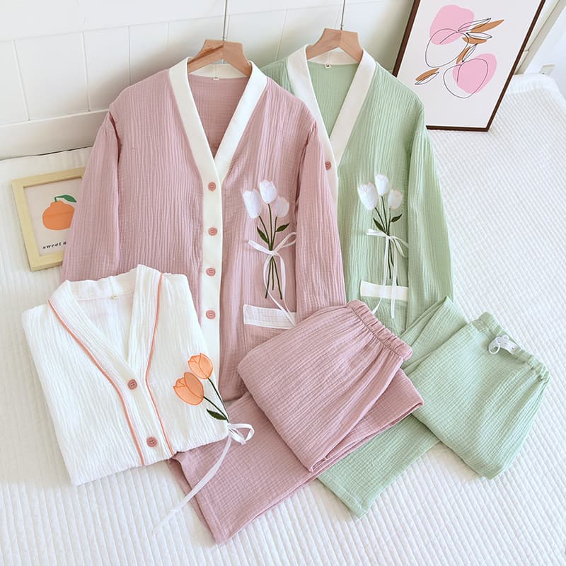 Cotton Crepe Maternity Set - Four-Season Thin, Postpartum Sweat-Absorbing Nursing Top & Homewear, Multiple Patterns