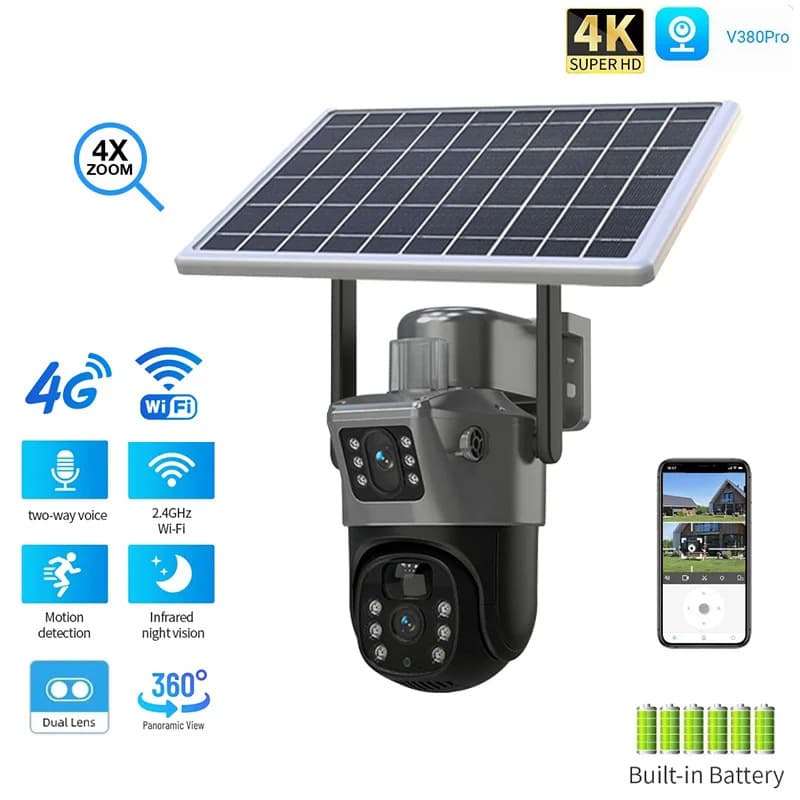 Outdoor Solar PTZ Camera V380 Dual Lens WiFi Camera for Boats, Ships, and Motorcycle Equipment Accessories