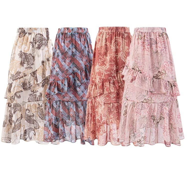 French Vintage Floral Print Long Skirt with Ruffle Hem, High-Waist Elastic A-Line Midi Skirt