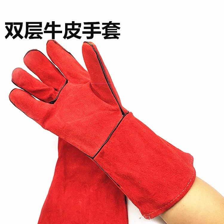Extended double-layer cowhide gloves, genuine cow split leather, welding, wear and heat-resistant, anti-scald, insulated labor protection