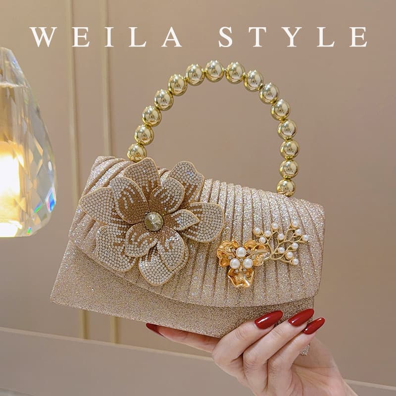 New fashionable gold beaded handbag for women, elegant evening bag, dress bag, flower party bag, flip hand bag