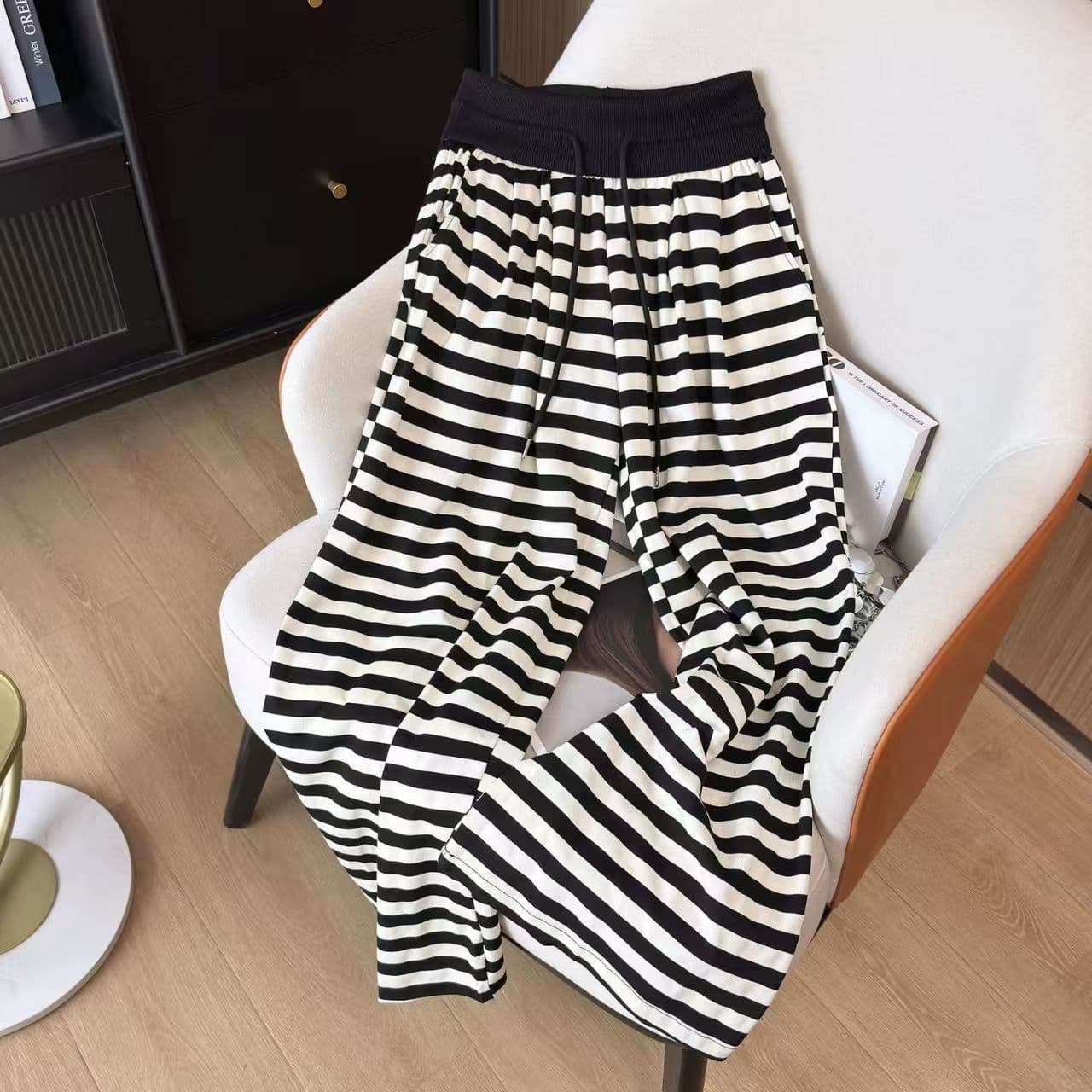 Trendy High-Waist Striped Casual Wide-Leg Pants for Women, Summer New Arrival, Slimming Long Pants