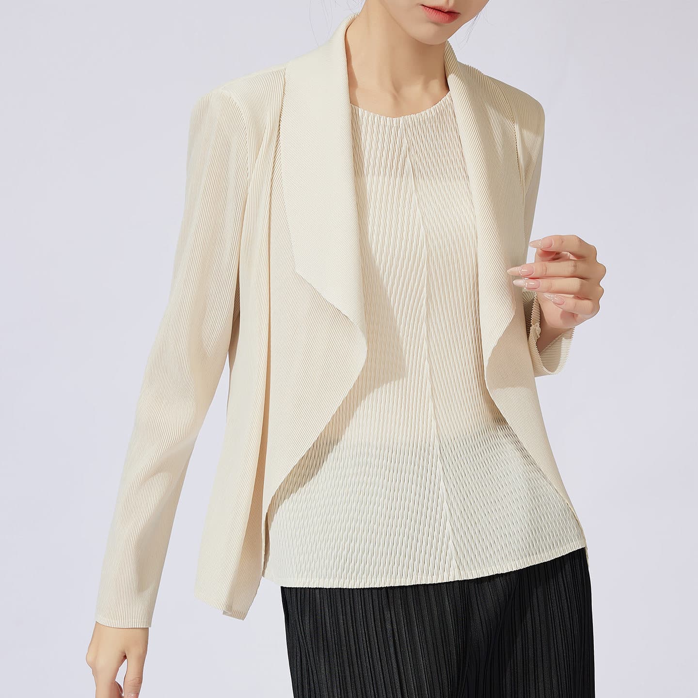 Miyake Pleats Slim Fit Small Stature Women's Set: Fashionable Vest, Short Jacket, Solid Color Pants, Commuter Wear Three-Piece Set