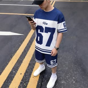 Cross-border Blue and White Digital Print Sports Set Men's Summer Loose Street Trendy Student Jersey Set
