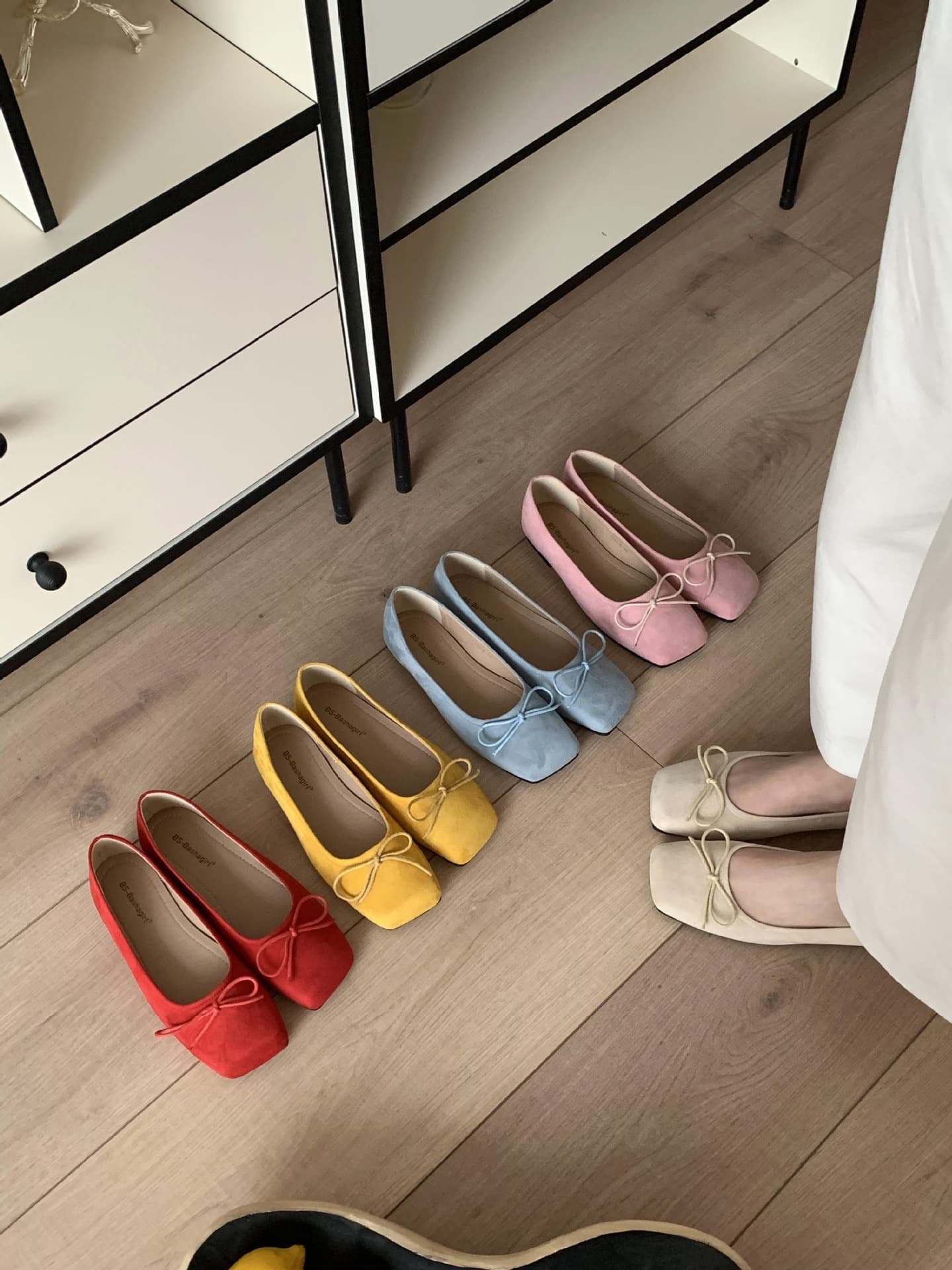 French Style Square-Toe Mary Jane Candy-Color Suede Flat Soft Bottom Bow All-Match Slip-on Shoes