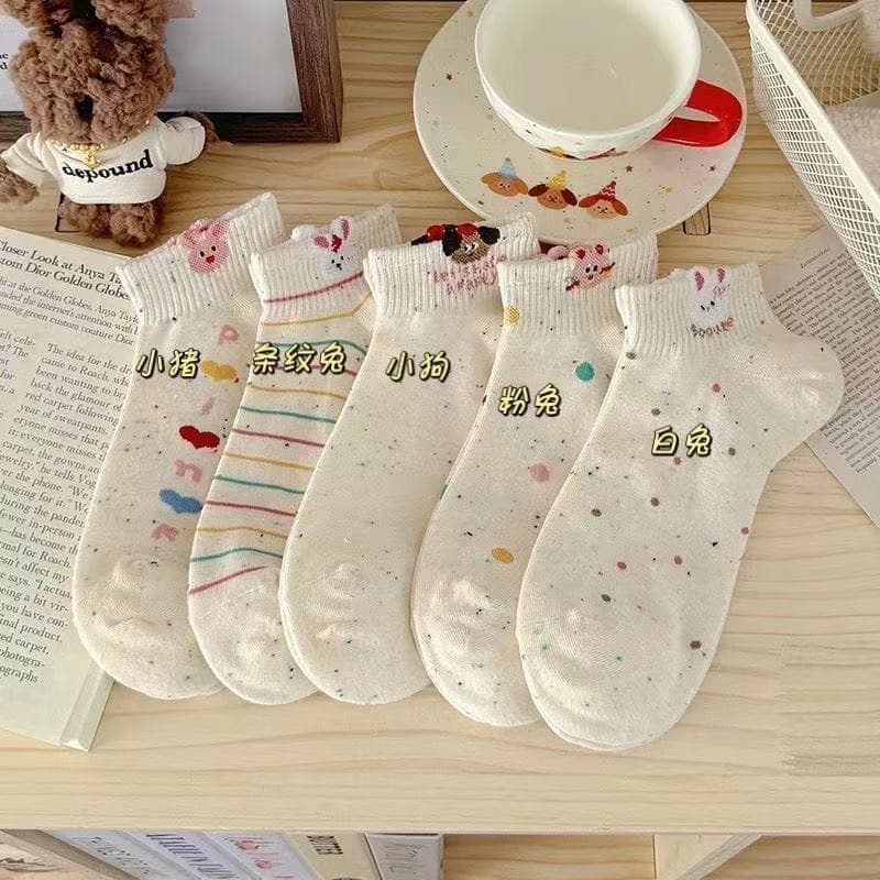 5-Pack Drop Shipping Socks Women Breathable Sweat-Absorbent Sports Thin Cartoon Letter Short Socks Bow Socks Summer Mesh