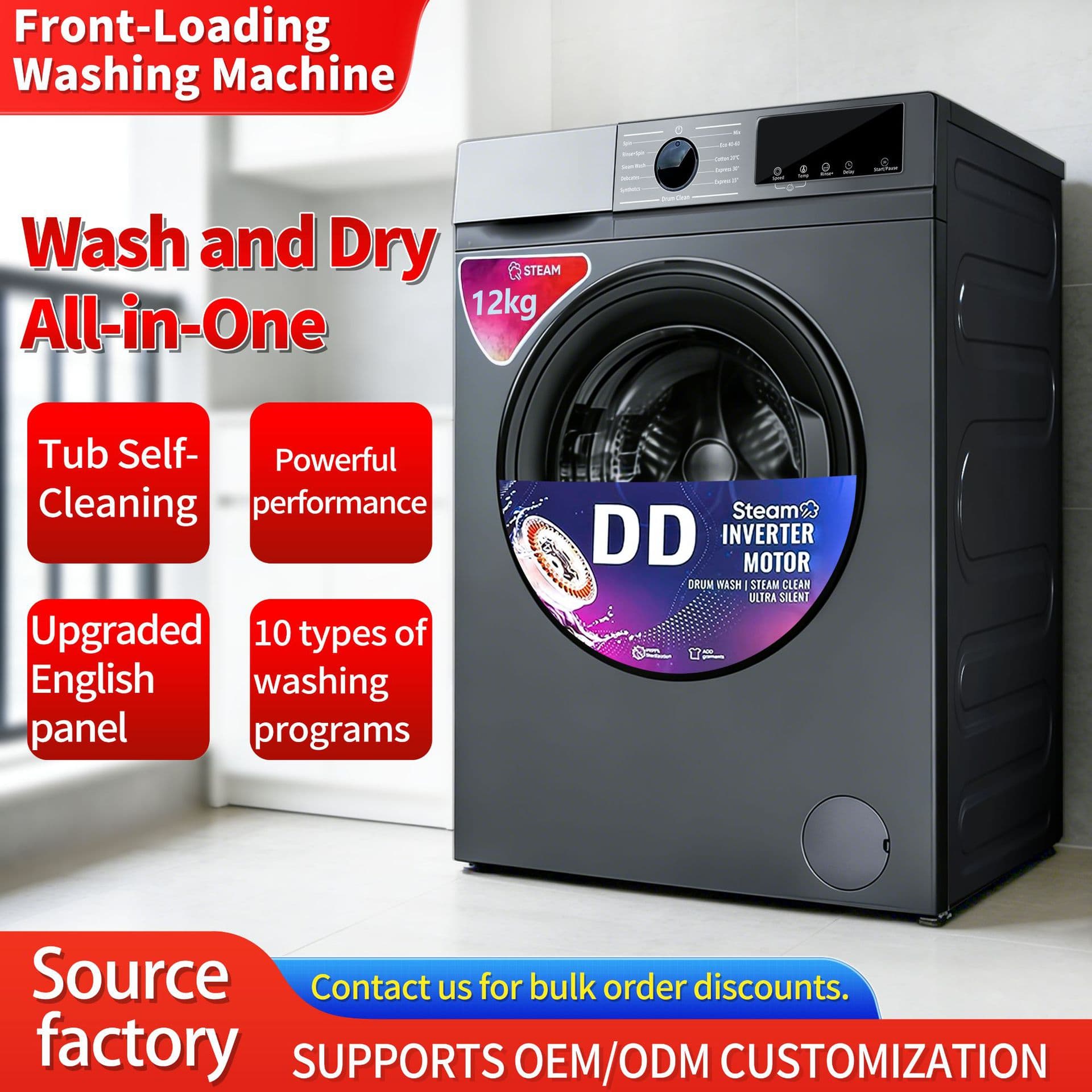 Cross-border Trade Washing Machine 10kg Variable Frequency Drum Washer Dryer Combo
