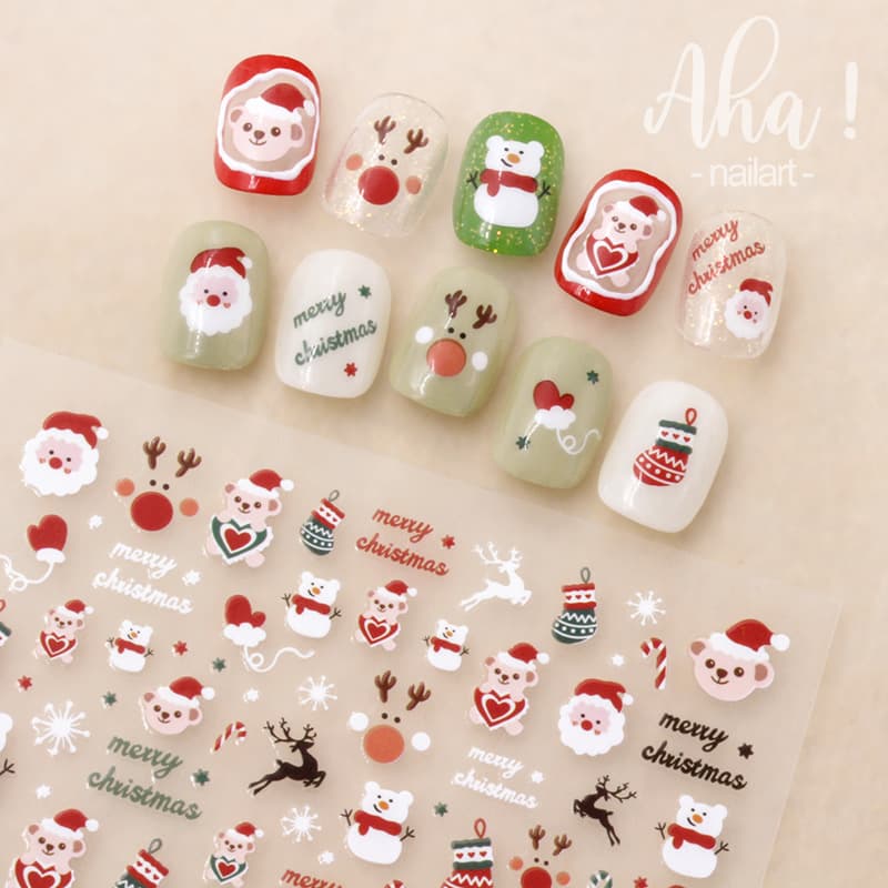 Aha Nail Back Adhesive Stickers Christmas Santa Cartoon Little Reindeer Bear Snowflakes Colorful Nail Decorations