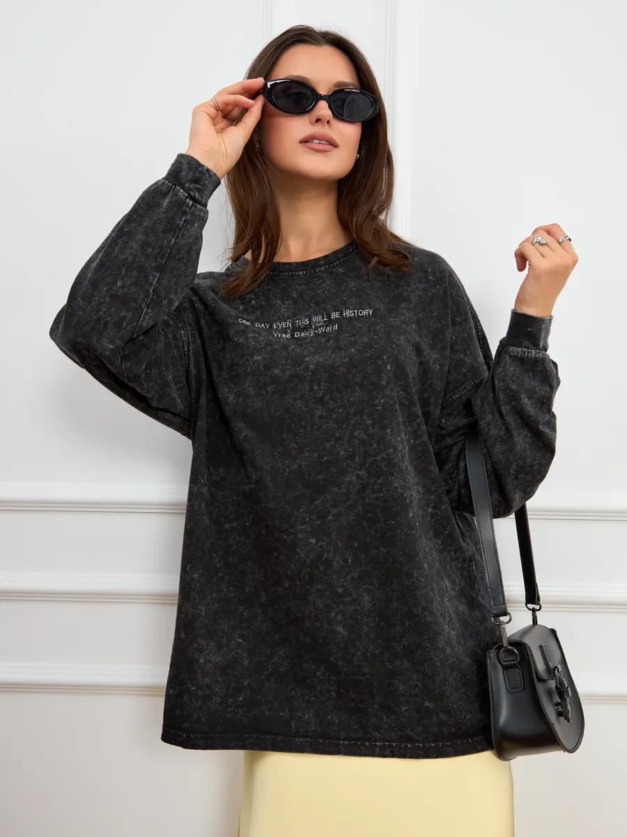 Vintage Washed Black Heavyweight Cotton Long Sleeve T-Shirt with Cuffed Hem - Autumn New Arrival European and American Style