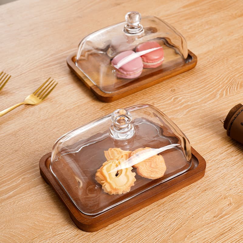 Acacia wood cake plate, transparent glass display plate, dessert pastry, Western food plate, butter plate, cross-border foreign trade