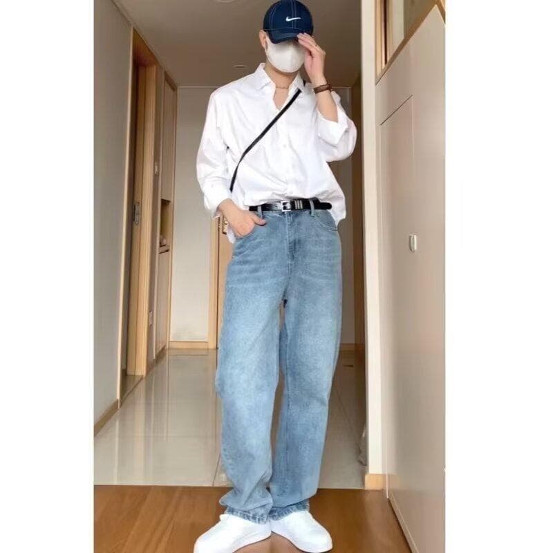 American street washed distressed jeans for men, spring/fall straight-leg loose fit, European and American high-street vibe style long pants chic