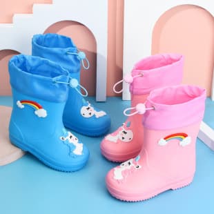 Children's Rain Boots, Girls' Drawstring Fleece-Lined, Boys' Non-Slip Water Shoes, Four-Season Cartoon Cute Princess Rain Boots for Kids