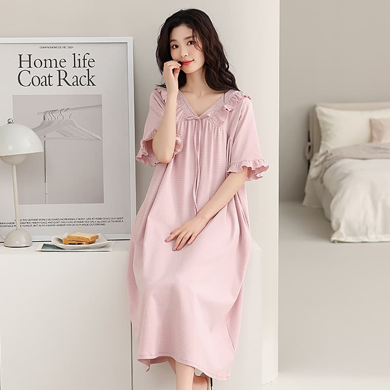 Women's Summer Cotton Antibacterial Short-Sleeve Sleepwear Loose Thin Sweet Princess Style Home Dress