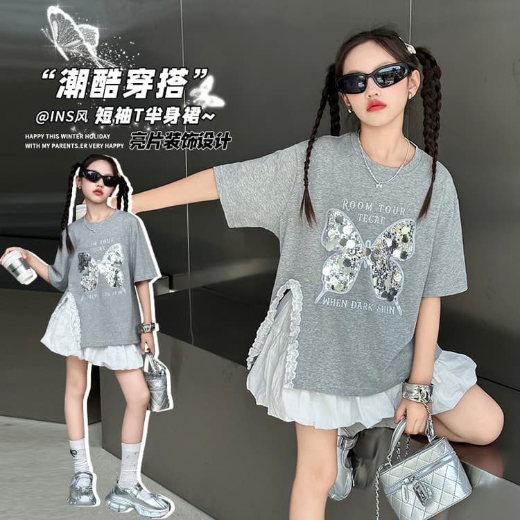 Summer medium and large girls short-sleeved T-shirt new children's clothing children girls butterfly loose Korean style trendy t-slit drop shipping