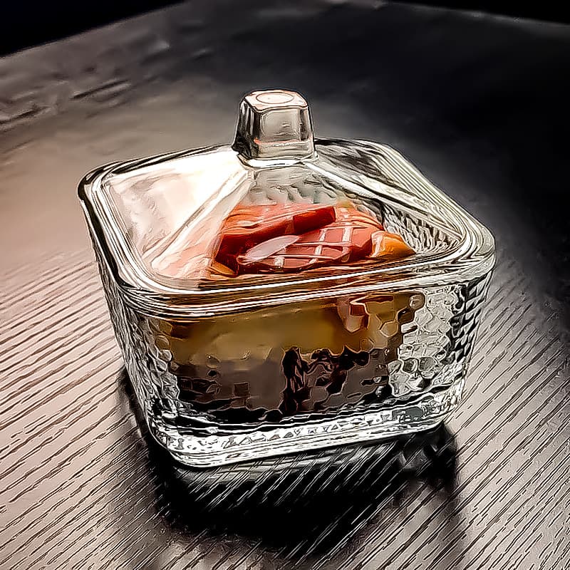 Square Crystal Glass Bowl with Lid - Snack Container, Quadrilateral Fruit and Nut Dish, Candy Jar Storage Box Container