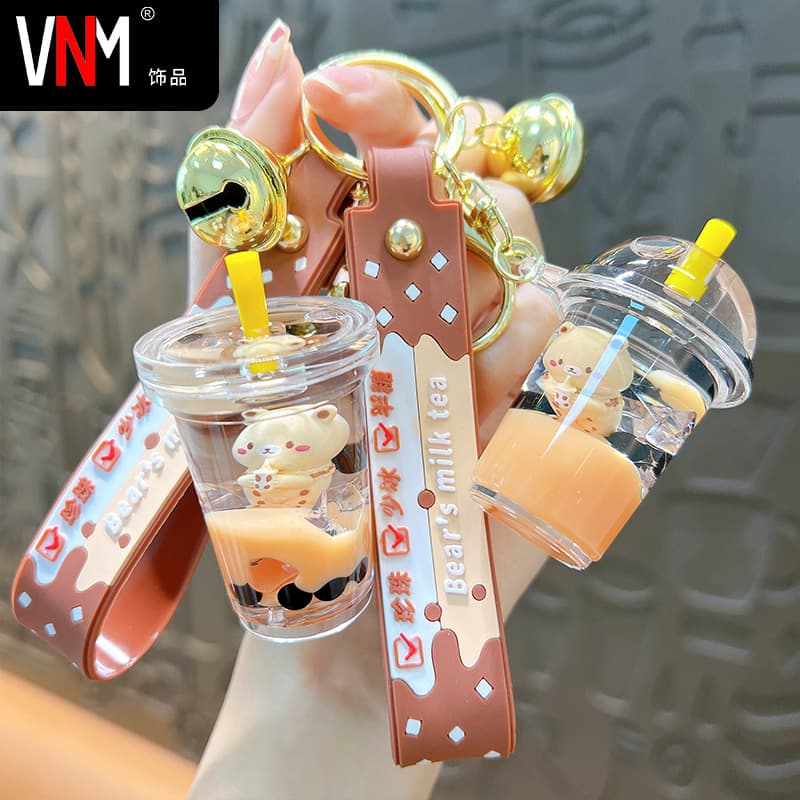Cute Cartoon Bear Milk Tea Cup Keychain Creative Couple Trendy Car Keychain Bag Pendant Wholesale