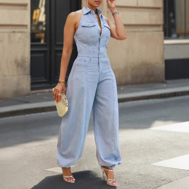Amazon European Fashion Casual Simple Solid Polo Neck Sleeveless Slim Fit Jumpsuit for Women