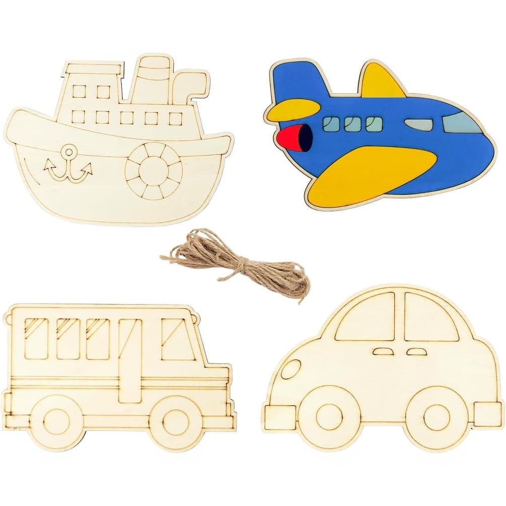 Wooden children's educational toy with four types of transportation vehicles, the shape can be graffiti-created in a smaller version