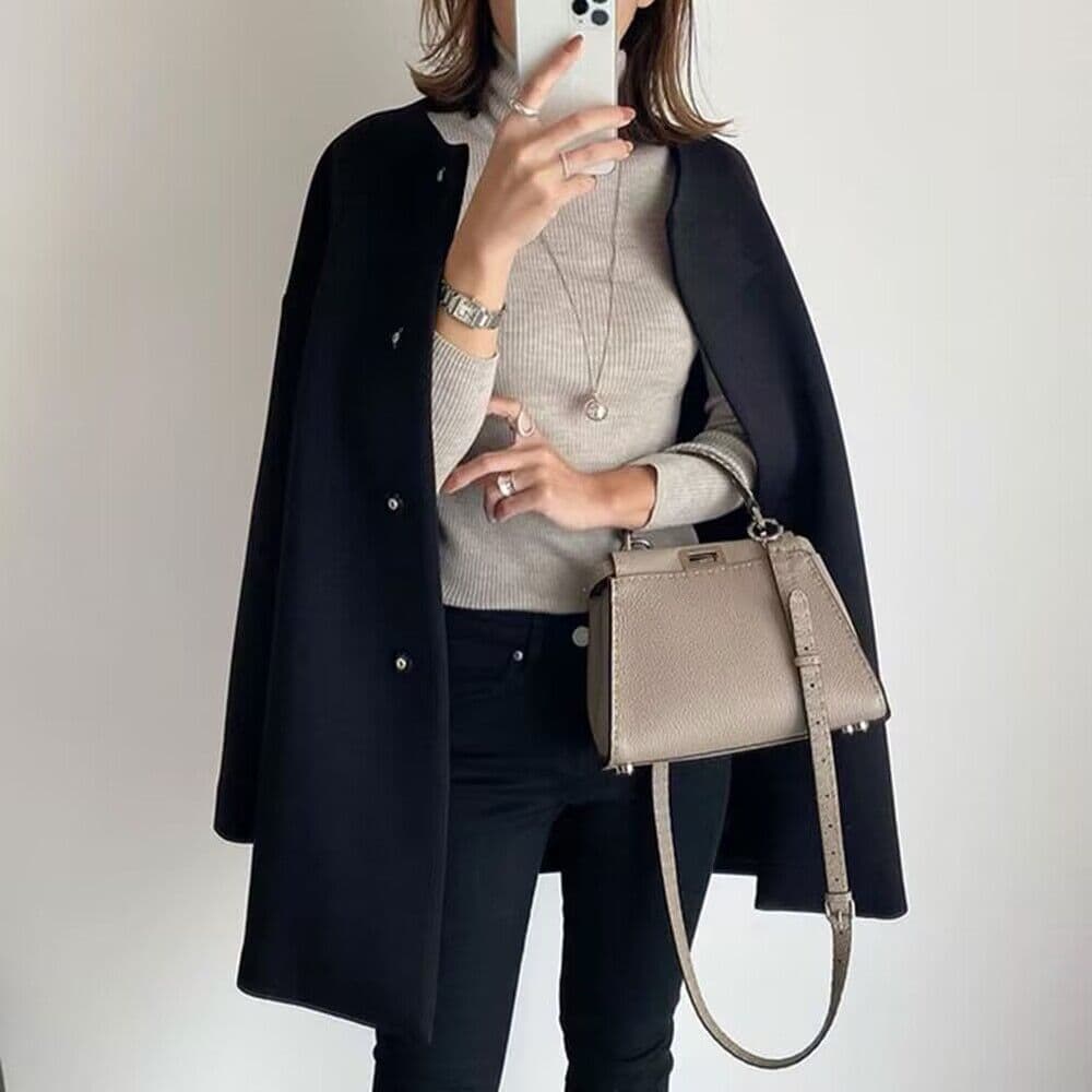 2024 Autumn/Winter Commute Cardigan Slim Round Neck Wool Coat Wool Coat Cocoon Shape Button-up Warm Top