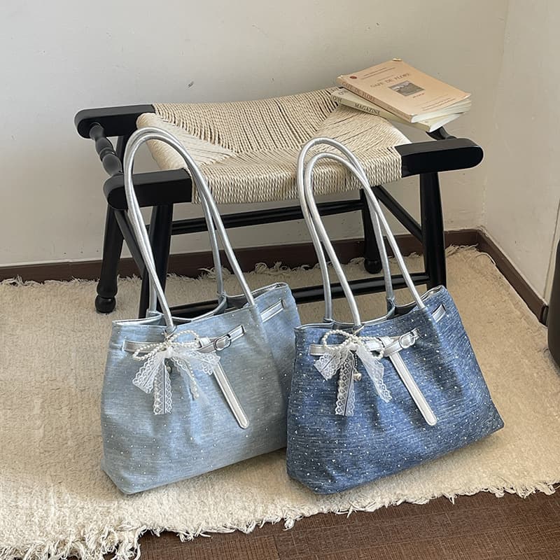 Summer Shoulder Bag Women's Fashion Casual Denim Bag Rhinestone-Embellished Women's Bag Large Capacity Tote Bag Commuter Large Handbag