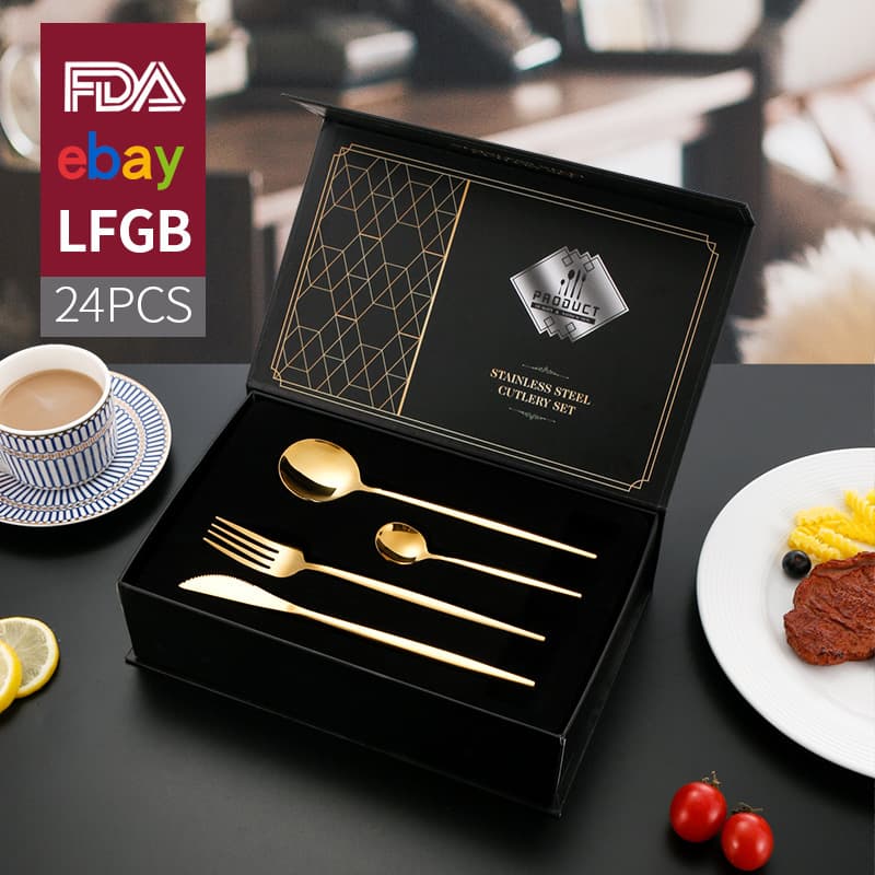 Cross-border Amazon Portuguese stainless steel Western tableware titanium gold-plated gift box product steak knife fork spoon 24-piece set