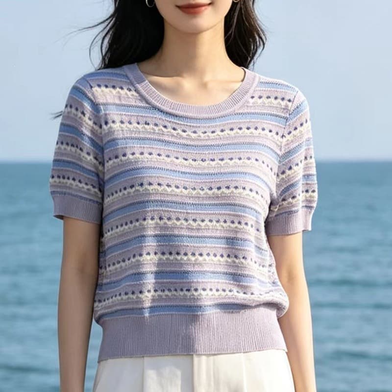 Ice Silk Short Sleeve Knit Top for Women, Spring Summer New Round Neck Loose Fit Color Block Stripe T-Shirt, Plus Size Thin Top