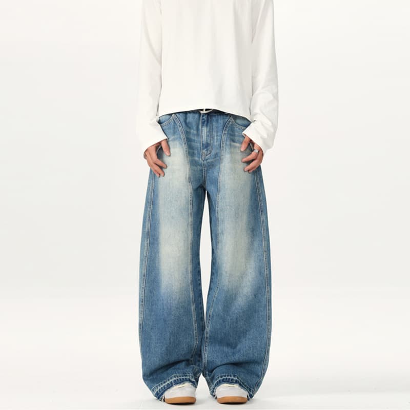 American Retro Wide Leg Loose Curved Knife Jeans for Men and Women, High-End Niche Style, Ice Blue Cool Streetwear Long Pants
