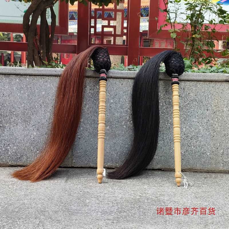 Brown duster with peach wood handle, black handmade Buddhist whisk, martial arts fitness horsehair genuine tai chi