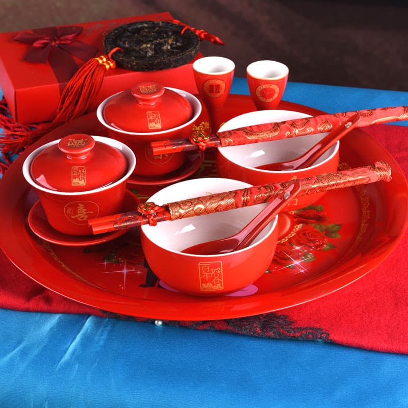 Wedding Tea Ceremony Cups, Ceramic Bowl and Chopsticks Set, Tea Set Tray Combo Wholesale with Custom Logo Option
