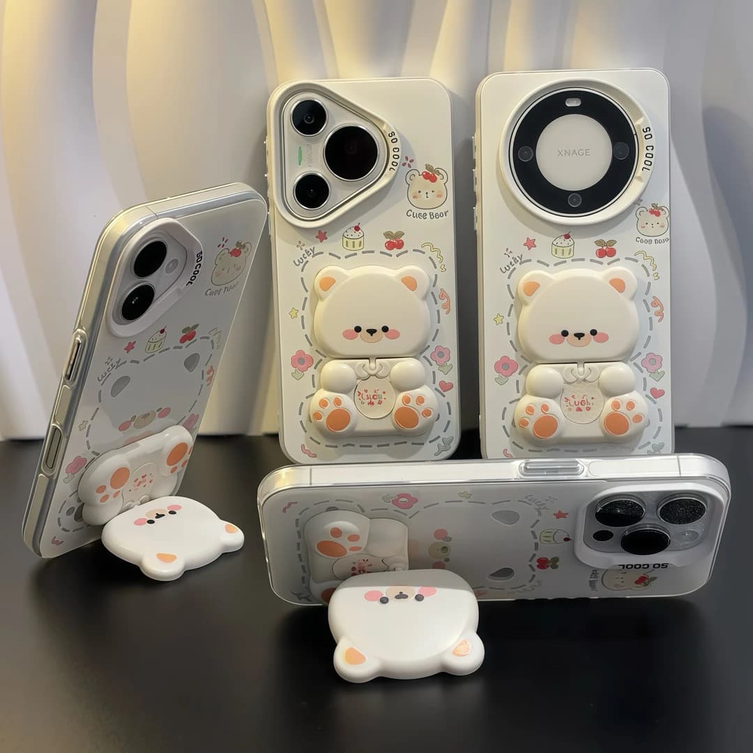 Bear Rotating Mirror Stand Compatible with iPhone 17 Pro Case, 15 Silver, 16 Large Hole, 13/14/X