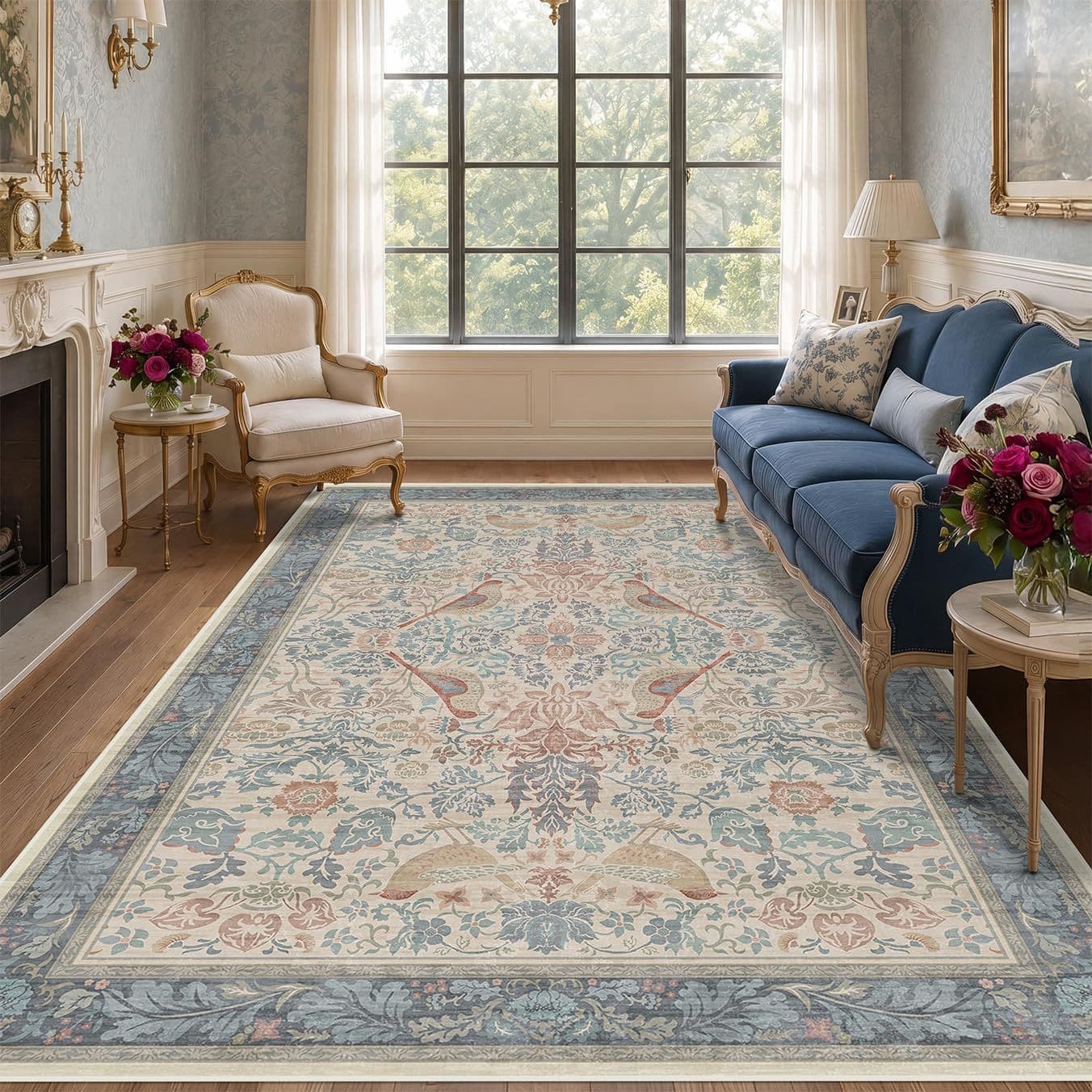 Amazon Hot-Selling Vintage Floral Bird Washed Base Cashmere Rug, Durable Thick Floor Mat for Bedroom and Living Room