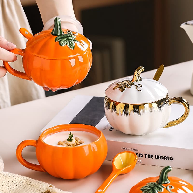 Creative Pumpkin-Shaped Ceramic Mug with Lid and Spoon, Halloween-Themed Trendy Cup, Household Water Mug