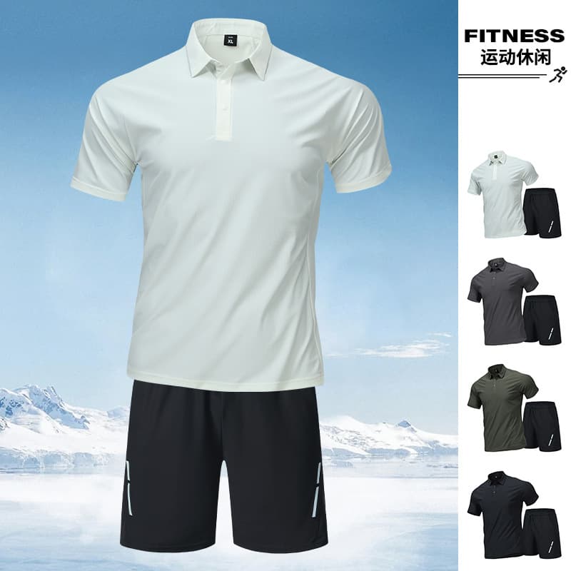Summer Thin Breathable Quick-Dry Short Sleeve T-Shirt and Shorts Set for Men Cross-Border Outdoor Sports Half-Sleeve Polo Shirt and Five-Point Pants Set