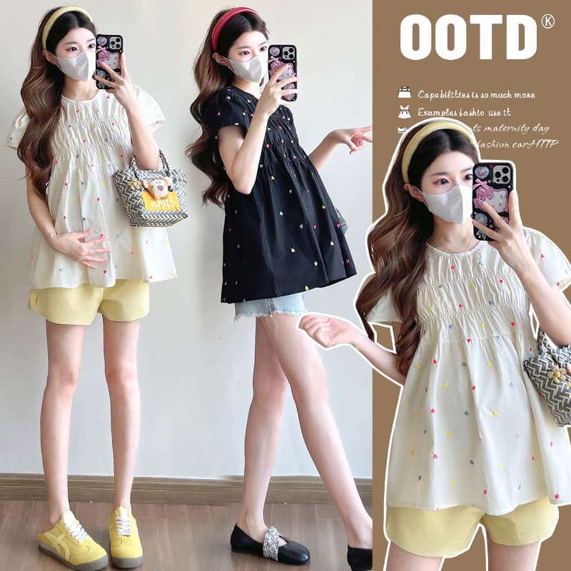 Real Shot In Stock~ New Maternity Wear Summer Colorful Heart Embroidery Peter Pan Blouse Top Gentle Style Short Sleeve