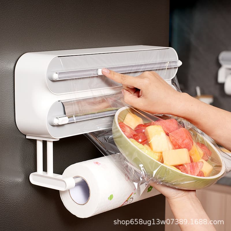 Three-in-one multi-functional cling film cutter, magnetic and wall-mountable, household kitchen paper and lazy cloth rack.