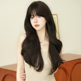 New Fall/Winter Long Curly Wig for Women, Fashionable Natural Full Wig, Synthetic Fiber, Realistic with Straight Bangs, Pull-On Style Long Hair
