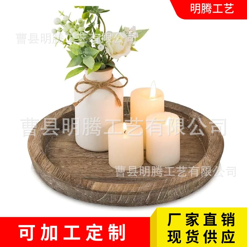 In-stock Wooden Decorative Tray, Farmhouse Distressed Candle Holder Base, Household Living Room Wooden Vintage Storage Tray, Solid Wood Plate