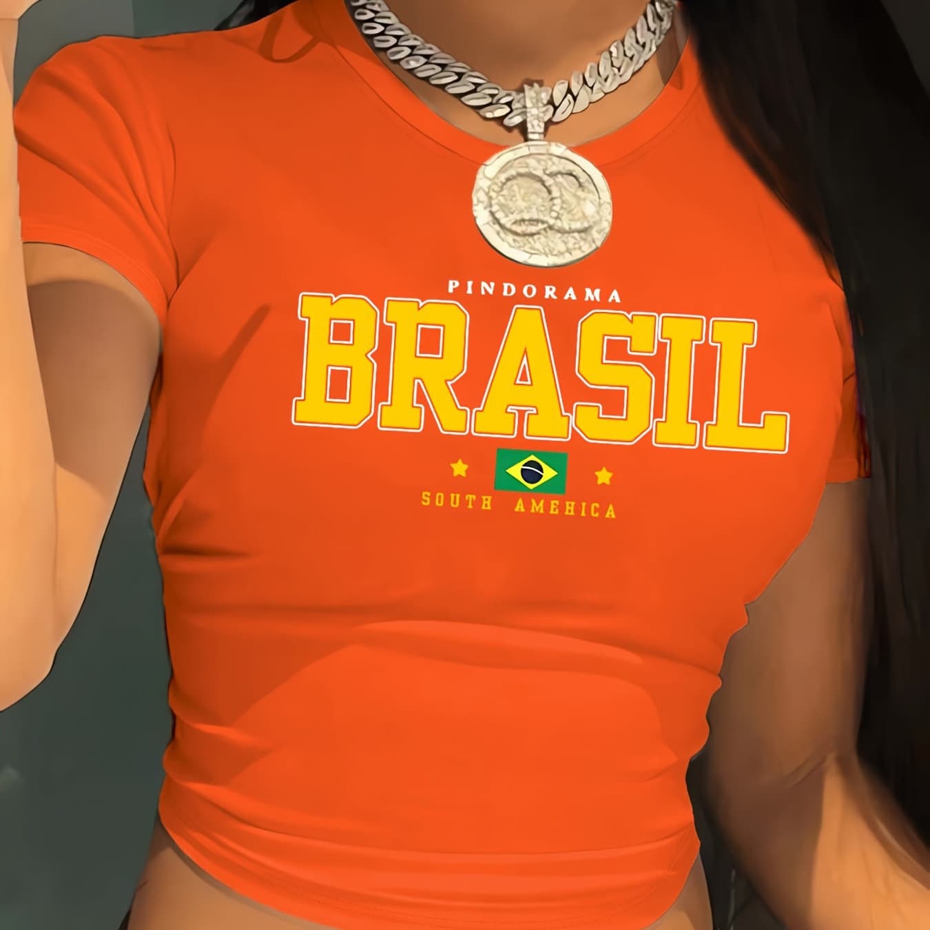 Summer Cross-Border Y2K American Hot Girl Style Brazilian Letter Print Pattern Slim Fit Sexy Cropped Short-Sleeve Women's T-Shirt