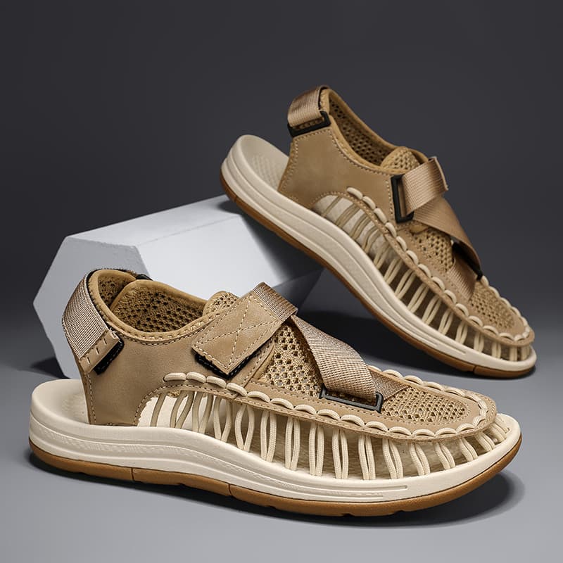 Cross-border Summer Men's Woven Sandals, Export Large Size Breathable Beach Shoes, Outdoor Casual Flat Closed-Toe Sandals for Men