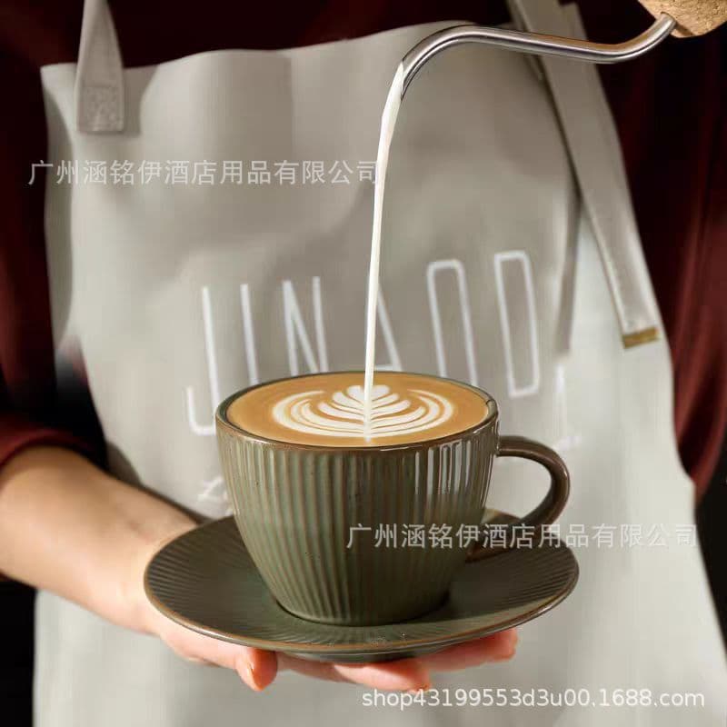 Vintage Japanese Vertical Grain Ceramic Coffee Cup and Saucer Set 280ml Cappuccino Latte Cup High Appearance Hand-Pulled Latte Art Cup