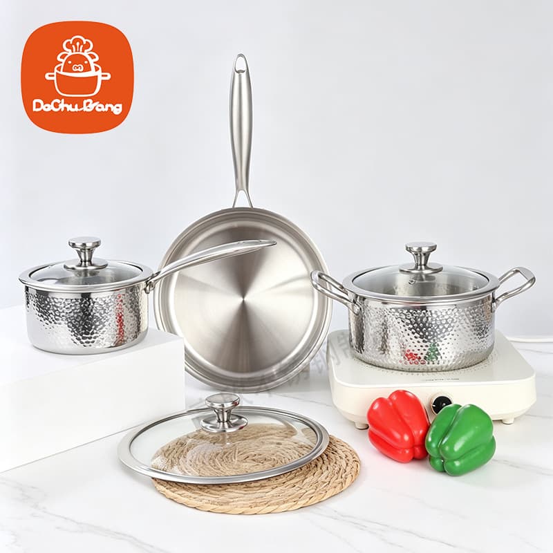 Thickened 304 stainless steel hammer set pot large capacity milk pot soup pot frying pan foreign trade three-layer steel pot set