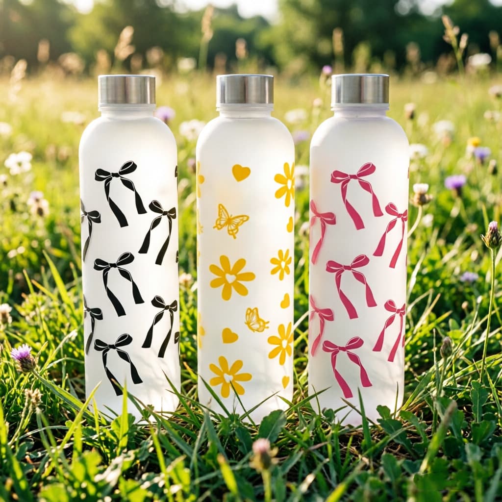 Cross-border 1000ML Plastic Cup, Fresh Style for Female Students, Frosted Bow and Flower Pattern Water Cup