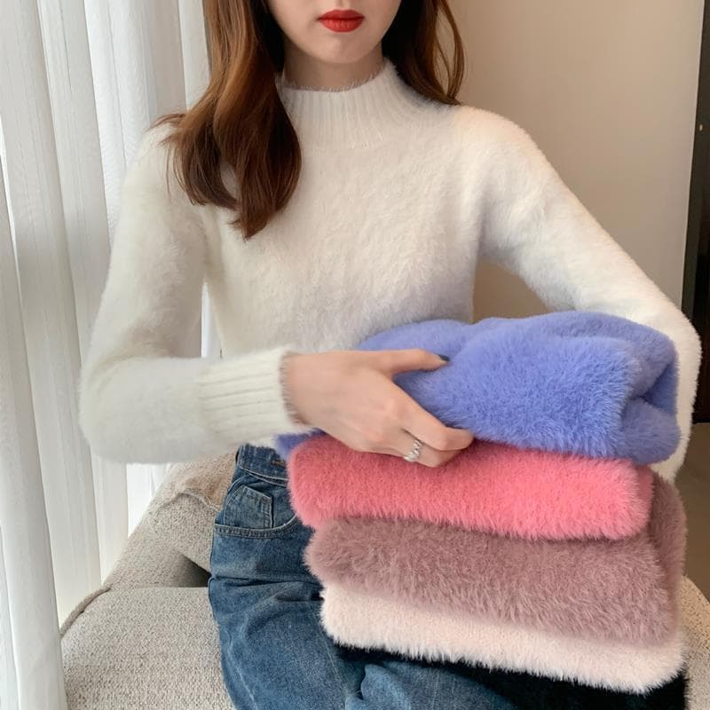 Women's Mink Velvet Sweater, Autumn/Winter Design, Niche Short Style, Soft and Cozy, Semi-High Neck, Stylish Inner Layer Base Shirt