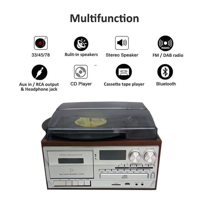 Classic Retro Multi-functional 10-in-1 Phonograph with Vinyl Record, CD Player, Cassette, Radio, and Speaker