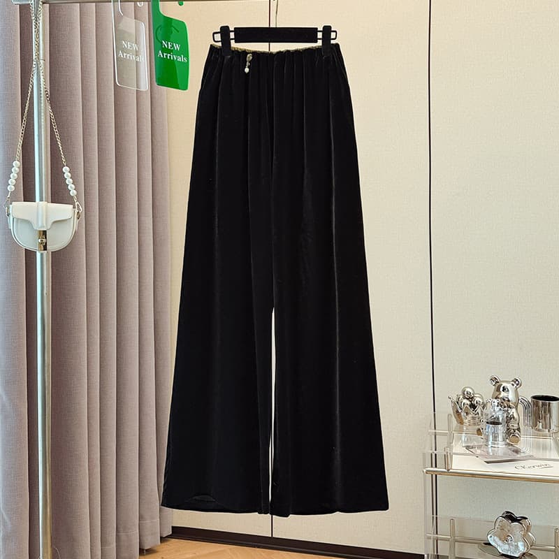 2025 Winter New Chinese Style Retro Solid Color Velvet Wide-Leg Pants Loose Slimming Straight-Leg Casual Long Pants