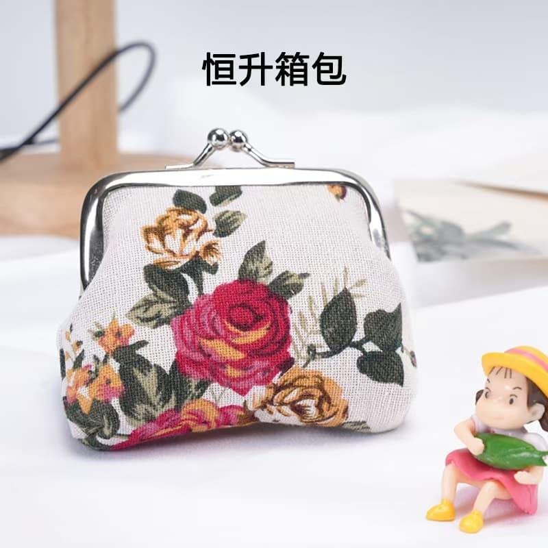 Unlined 3-inch Cotton-Linen Rose Print Handbag Small Clutch Bag