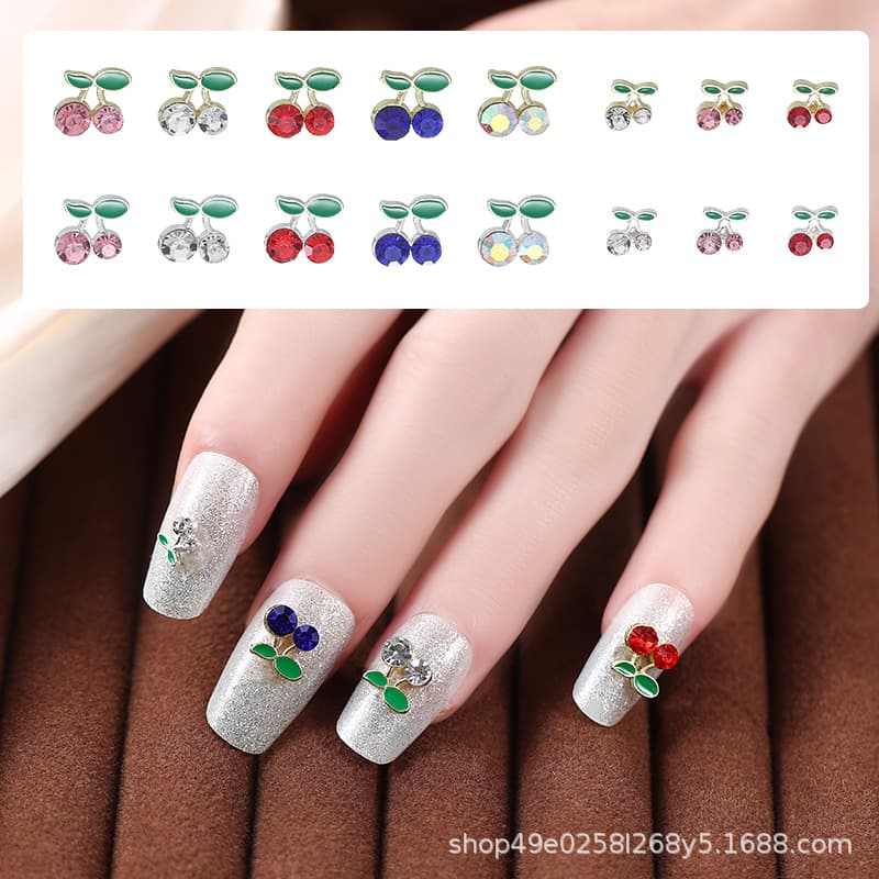Nail Art Cherry Cute Alloy Cherry Nail Art Accessories Factory Metal Oil Drip Colorful Cherry Rhinestone Nail Decoration